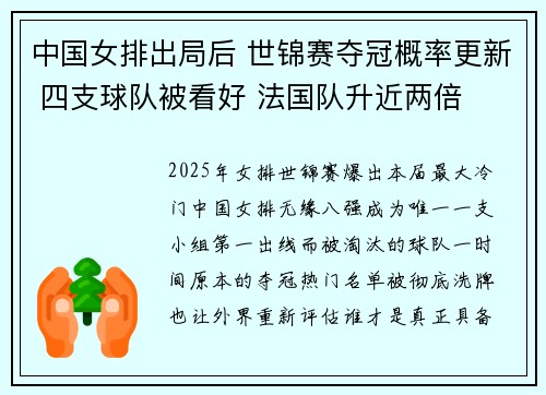 中国女排出局后 世锦赛夺冠概率更新 四支球队被看好 法国队升近两倍